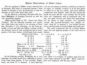 Norman R. Pogson, "Madras Observations of Biela's Comet," Astronomische Nachrichten, Vol. 84, (August 1874), pp. 183 - 186.