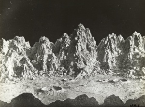 Black and white photo of jagged landscape features